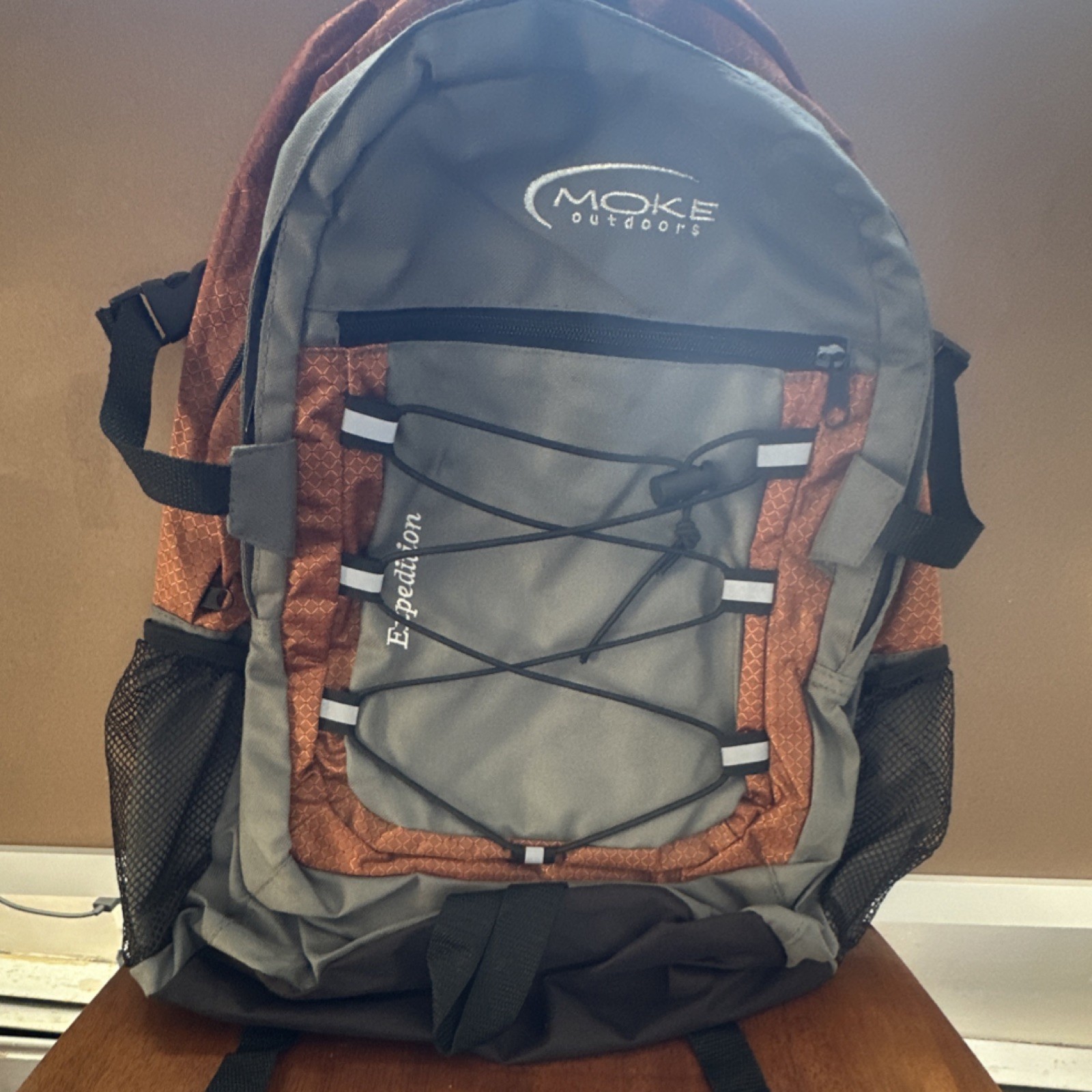 Moke Outdoor Expedition Hiking Backpack Gray Orange Reflective Strips