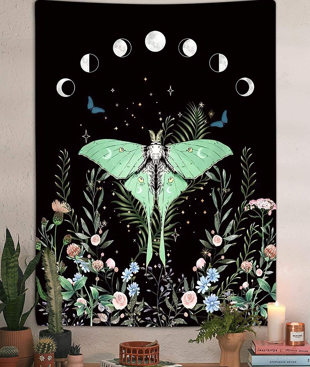 Trippy Floral Moth Moon Vertical Tapestry, Aesthetic Flower 60"L x 40"W, gallery