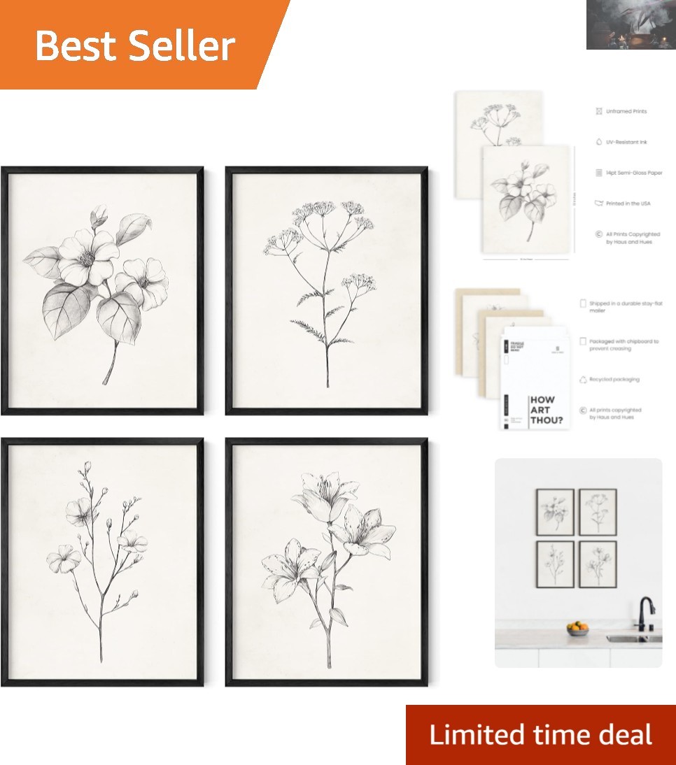 Rustic Grey Floral Wall Art Set - 4 Unframed 8x10 Vintage Botanical Prints gallery