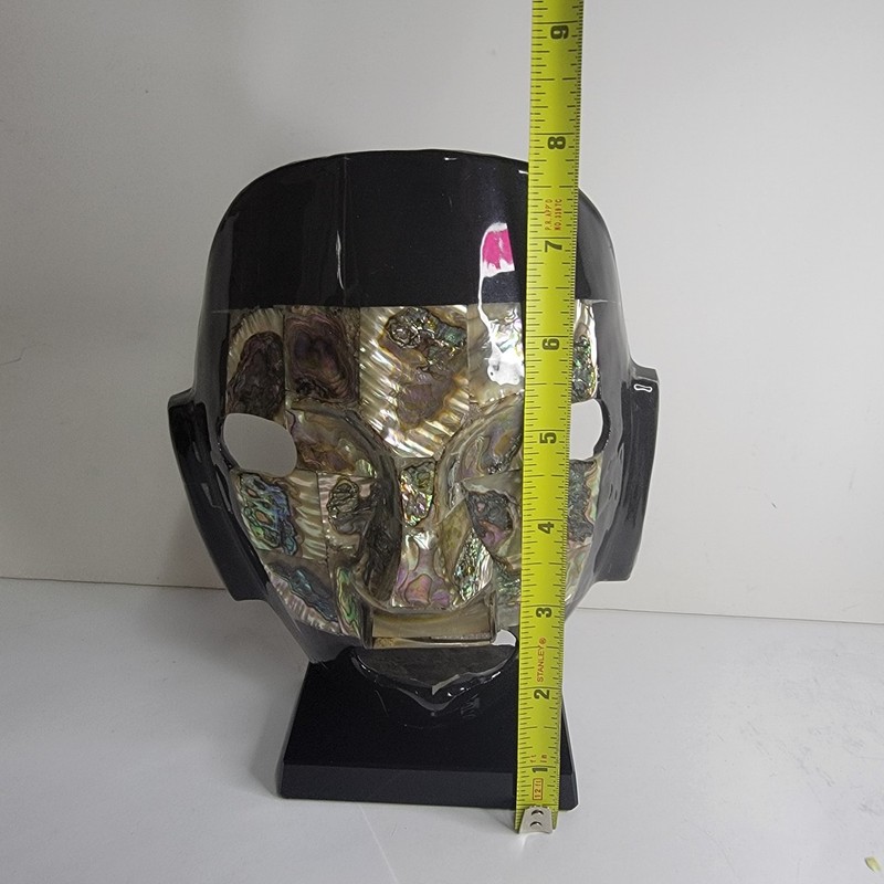 MCM Black Obsidian & Abalone Shell Inlay Mask Sculpture on Black Weighted Base gallery