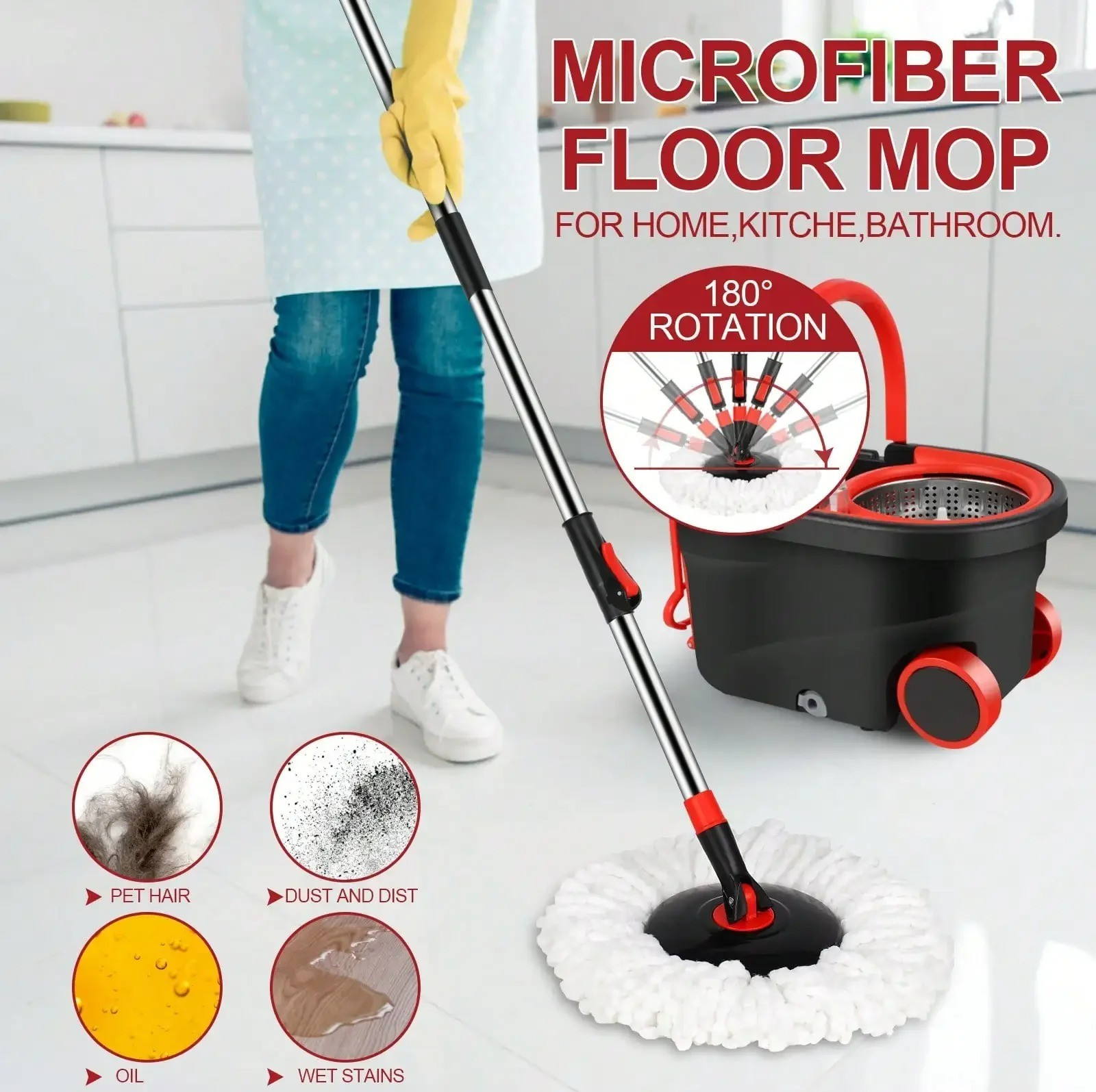 Heavy Duty Rolling Spin Mop Bucket Set Wringer 3 Heads Adjustable Handle HomeUse gallery