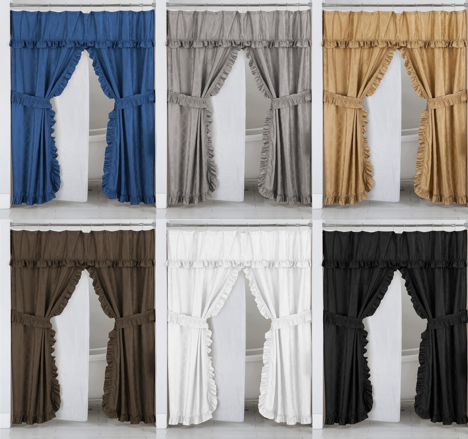 Double Swag Ruffled Fabric Shower Curtain Set, PEVA Liner and Roller Rings gallery