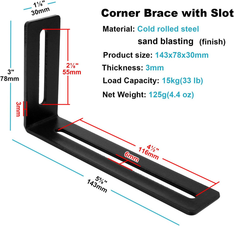 10 PCS 5-5/8" Black Adjustable L-Shape Corner Brace with Slot, Steel Joint Right gallery
