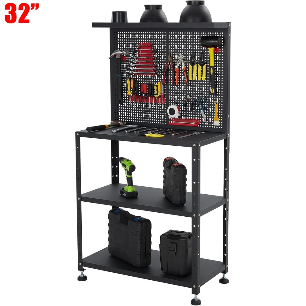 32" Workshop Table Work Bench Garage Steel Tool Storage 2-Tier Shelves PegBoard