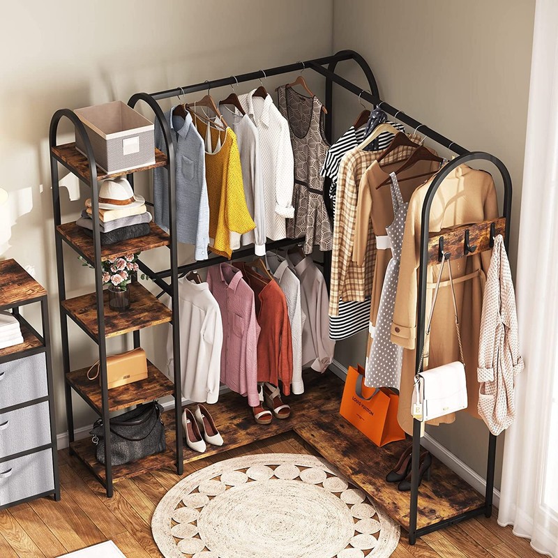 Tribesigns L Shape Corner Clothes Garment Rack w/ Storage Shelves & Hanging Rods gallery