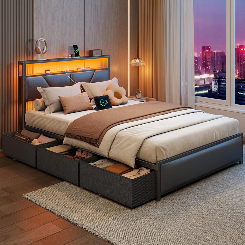 Full Size Bed Frame, 2-Tier Storage Headboard & 6 Fabric Drawers, PU Leather Uph gallery