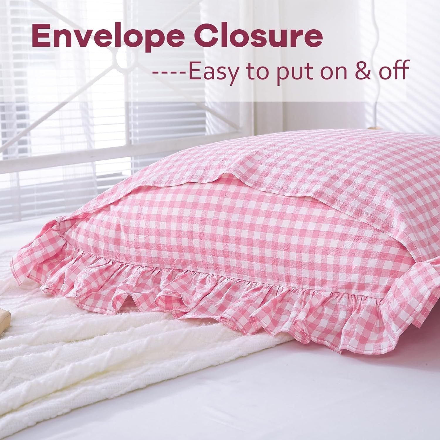 2 Pack Pink Plaid Ruffle Euro Pillow Shams 26x26 inches Washed Cotton Pink an. gallery