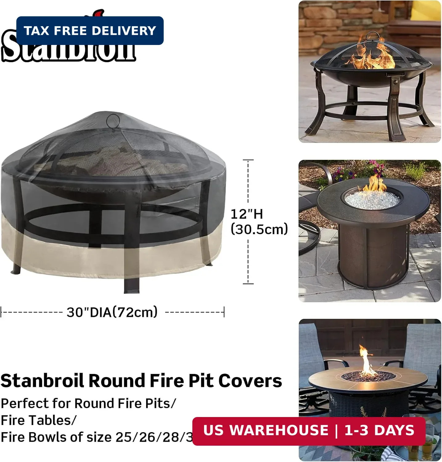 Stanbroil 30 Inch Round Fire Pit Cover, Full Coverage Fire Pit Table Cover, Pati gallery