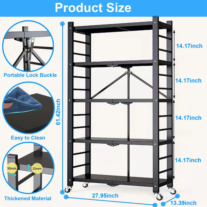 5-Tier Foldable Shelving Unit on Wheels 397LBS Heavy Duty Metal Storage Rack gallery