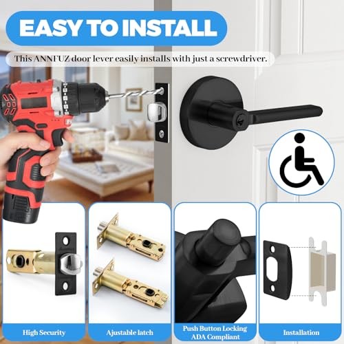 Round Push Button One-Touch Locking Door Handle with Matte Black Entry gallery