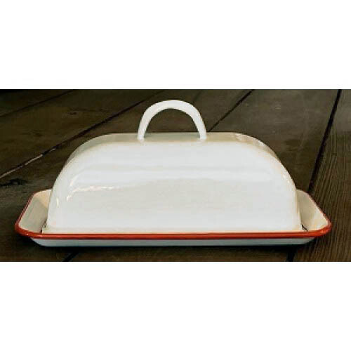 Enamelware White COVERED BUTTER DISH with RED Trim - Farmhouse - Retro Look gallery