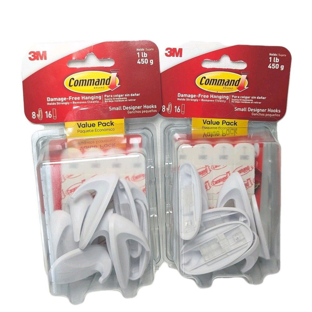 2 Pks 3M Command 8 Small Designer Hooks & 16 Adhesive Strips Per Pack Max 1 lb
