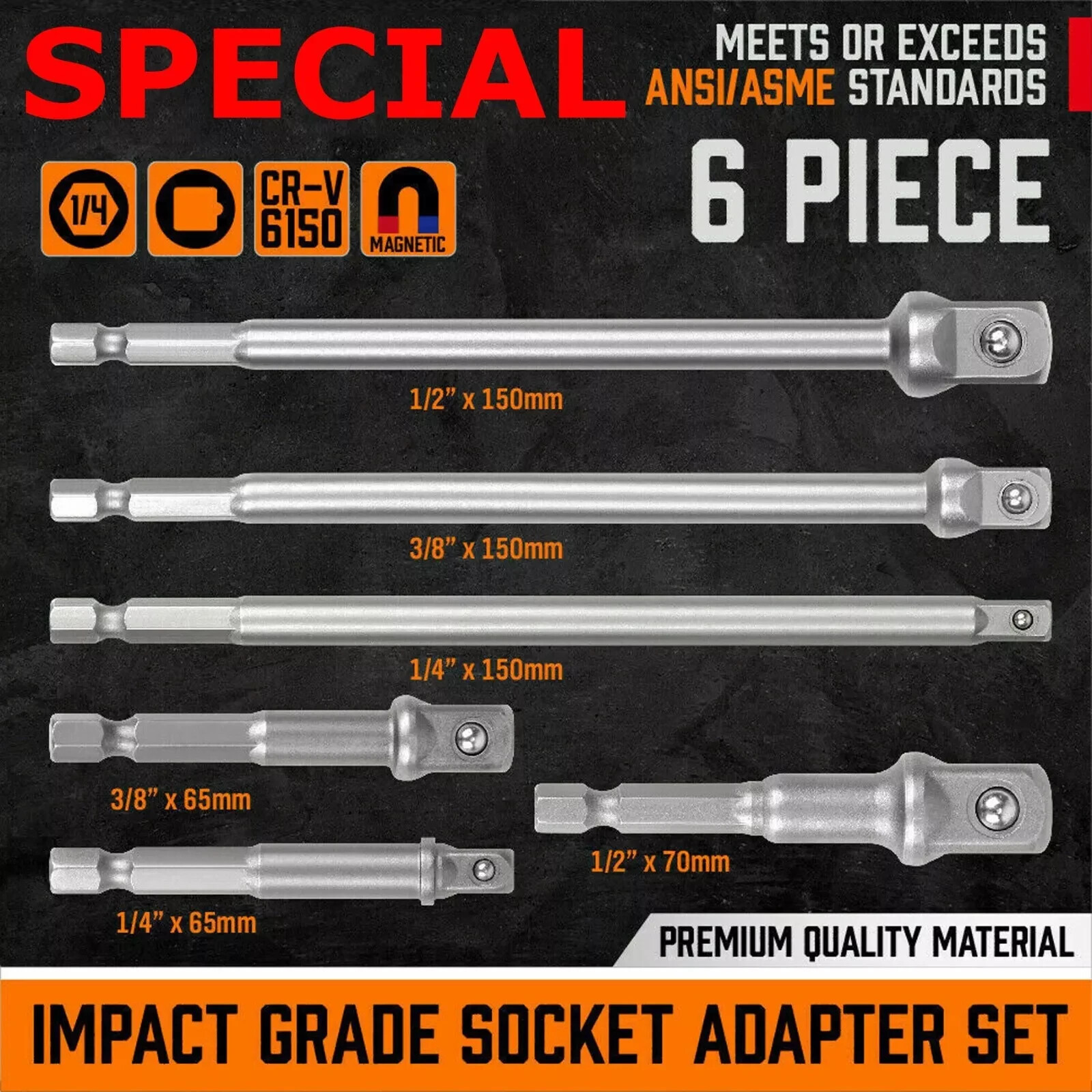 6 pc 6" & 3" Impact Grade Socket Adapter Set 1/4" 3/8" 1/2" Drive 1/4" Hex Shank gallery