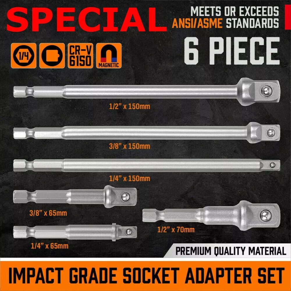 6 pc 6" & 3" Impact Grade Socket Adapter Set 1/4" 3/8" 1/2" Drive 1/4" Hex Shank