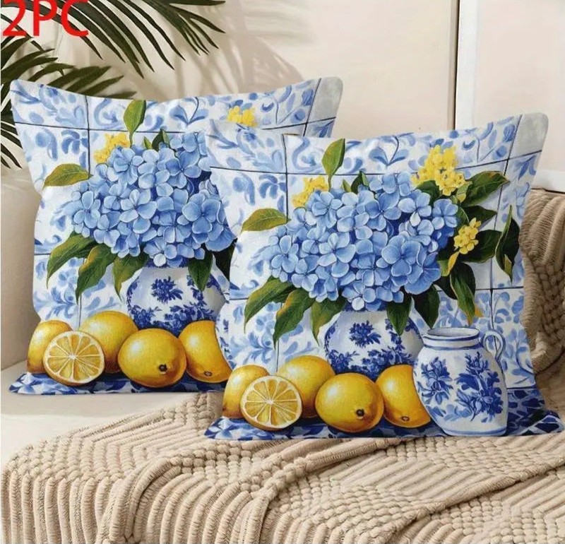 Blue Hydrangeas W/Yellow Lemons Throw Pillow Covers. (Set of 2.) 20 X20 $26.00 gallery