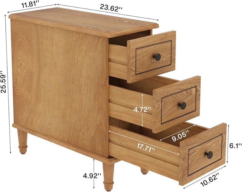 Solid Wood End Table, Fully Assembled Narrow Slim Side Table with 3 Drawers gallery