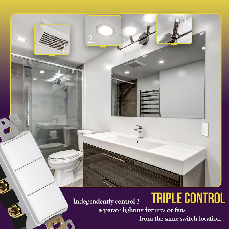 Triple Paddle Rocker Switch, Single Pole, 15A 120V-277V, White gallery