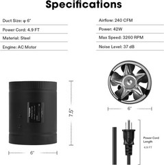 VIVOSUN Inline Booster Duct Fan 6” 240 CFM,HVAC Exhaust Ventilation Fan,Low Nois gallery