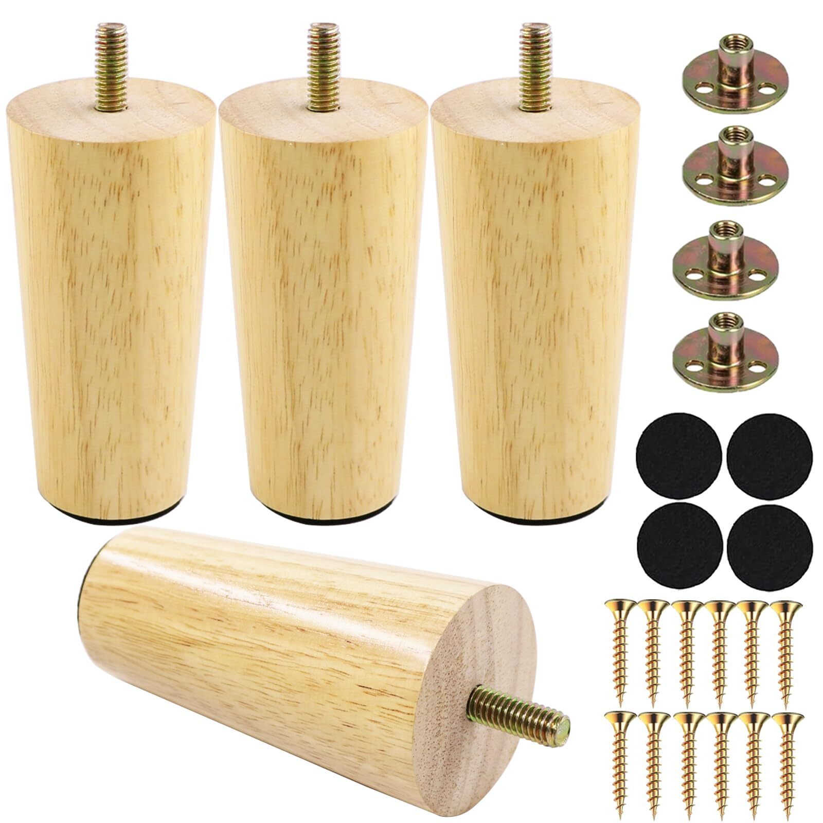 4 Inches Round Solid Wood Furniture Legs Set of 4, Natural Wooden Replacement Fe gallery