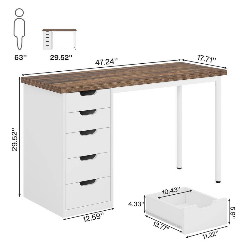 Havrvin 47 In. Rectangular Gray and Black 5-Drawer Computer Desk for Home Office gallery