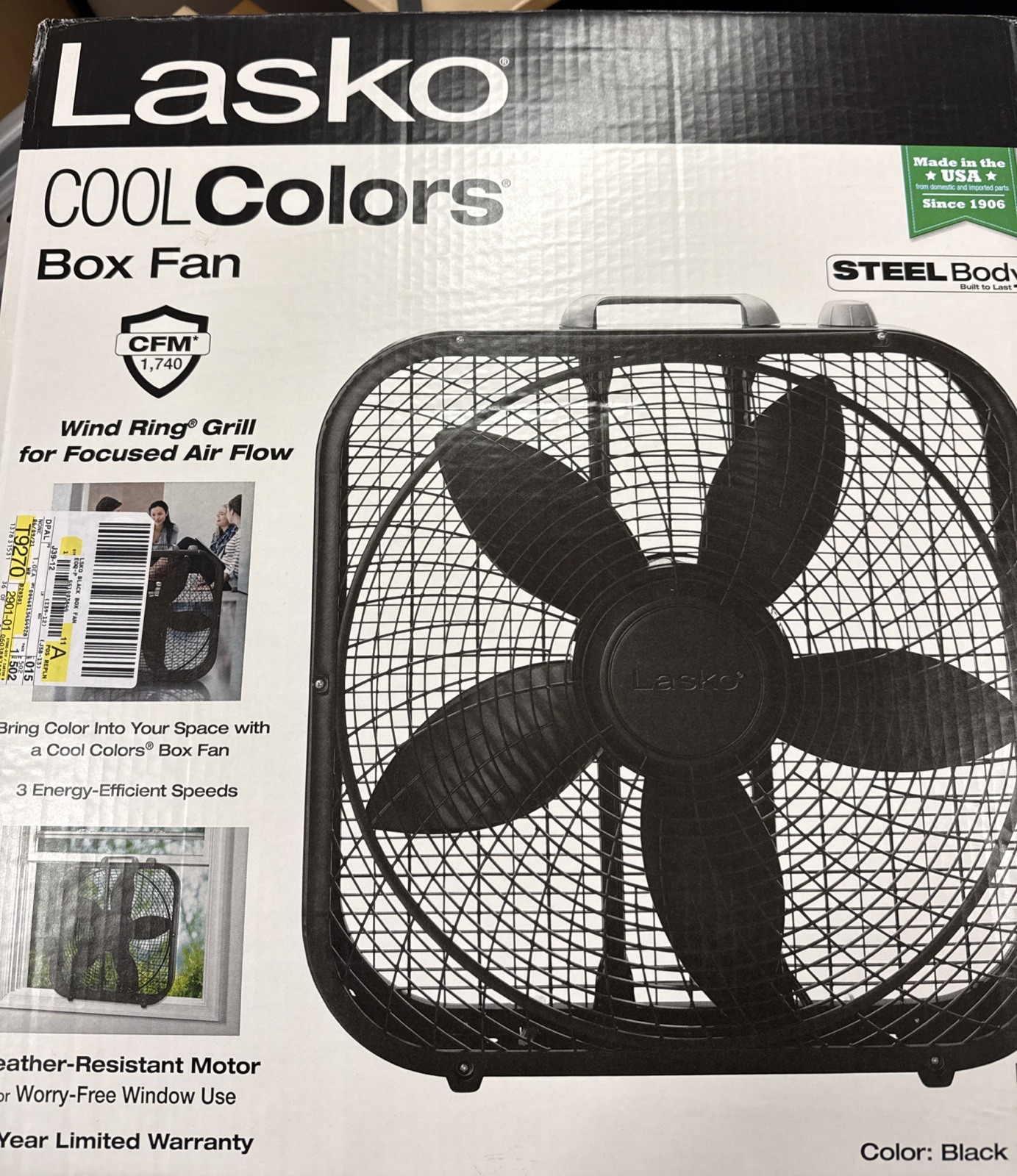 Lasko Cool Colors 20" 3-Speed Weather Resistant Box Fan, Black B20301, New gallery