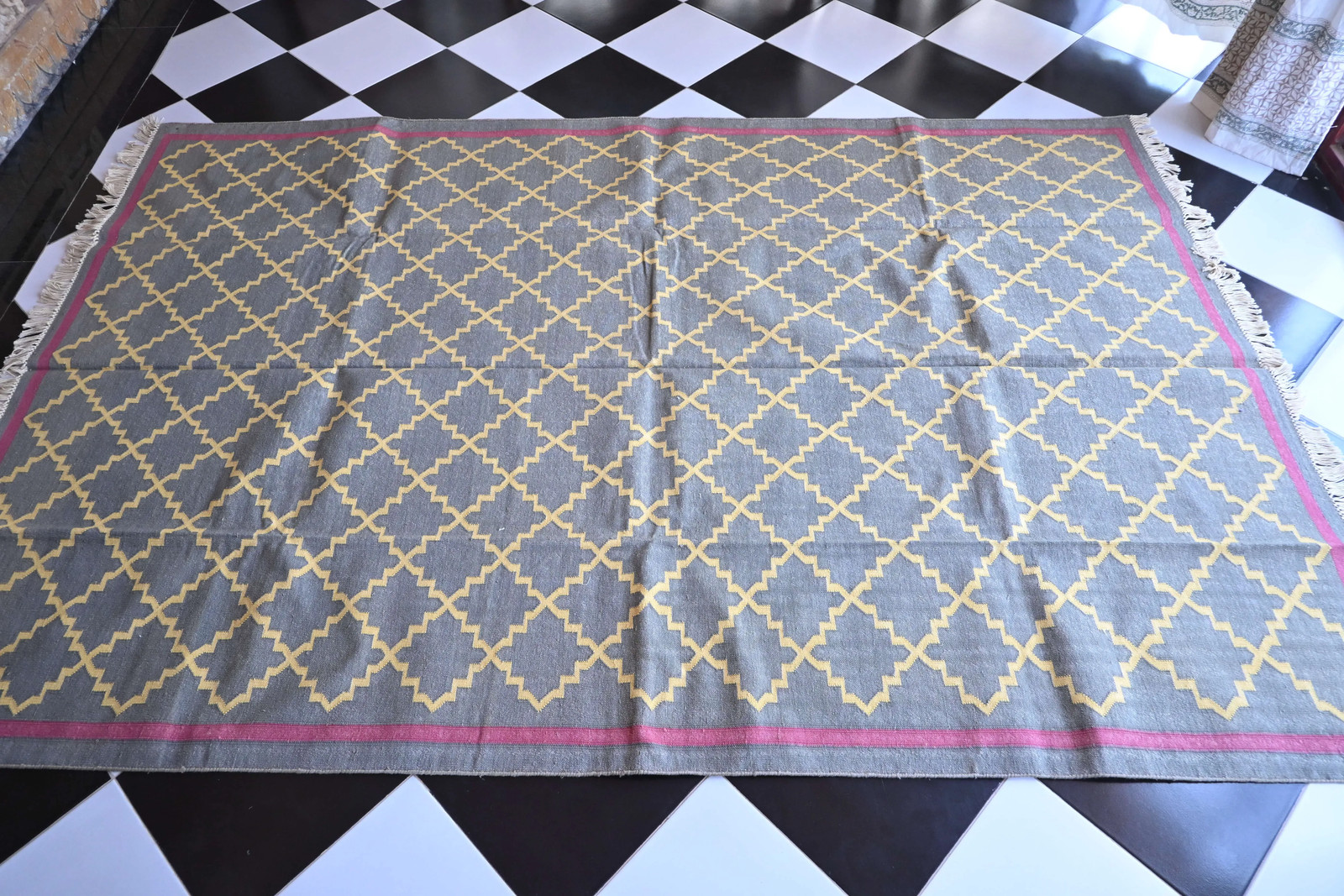 Rugmoda Cotton Grey Yellow Geometric Lattice 5x8 ft Living Room Area Rug gallery