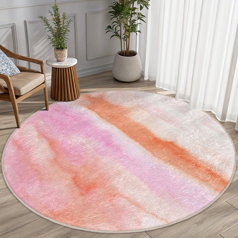 Round Rug -Bright Peach Pink Colors Circle Carpet-Boho Style Accent Rug-Color of gallery