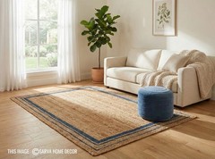 Jute Natural Rectangle Area rug runner, Handmade Hand Woven carpet Blue & Beige