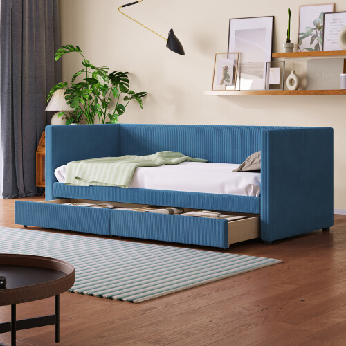 Twin Size Upholstered Daybed with 2 Drawers and Wood Slat Sofa Bed Platform Beds gallery