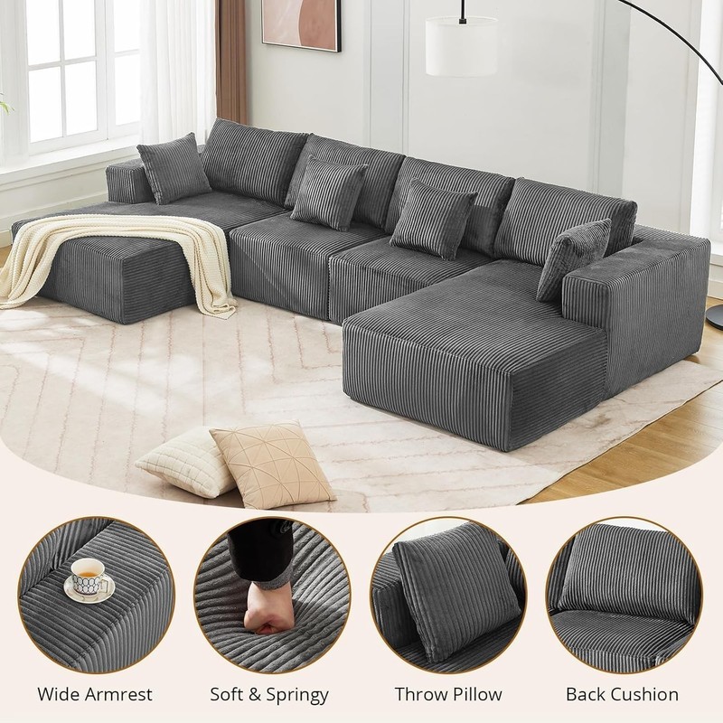 137" Oversized Cloud Sectional Sofa Corduroy U Shape Chaise Living Room Couch gallery