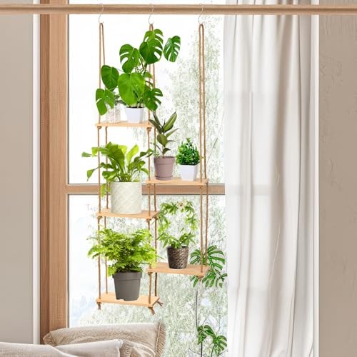 Novabright Window Hanging Plant Shelf with Wooden Shelves 1 Natural Wood Color gallery