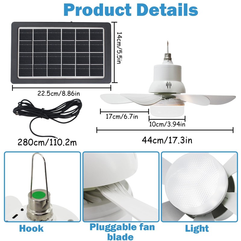 Solar Ceiling Fan Light, Solar Powered Rechargeable Ceiling Fan with Light fo... gallery
