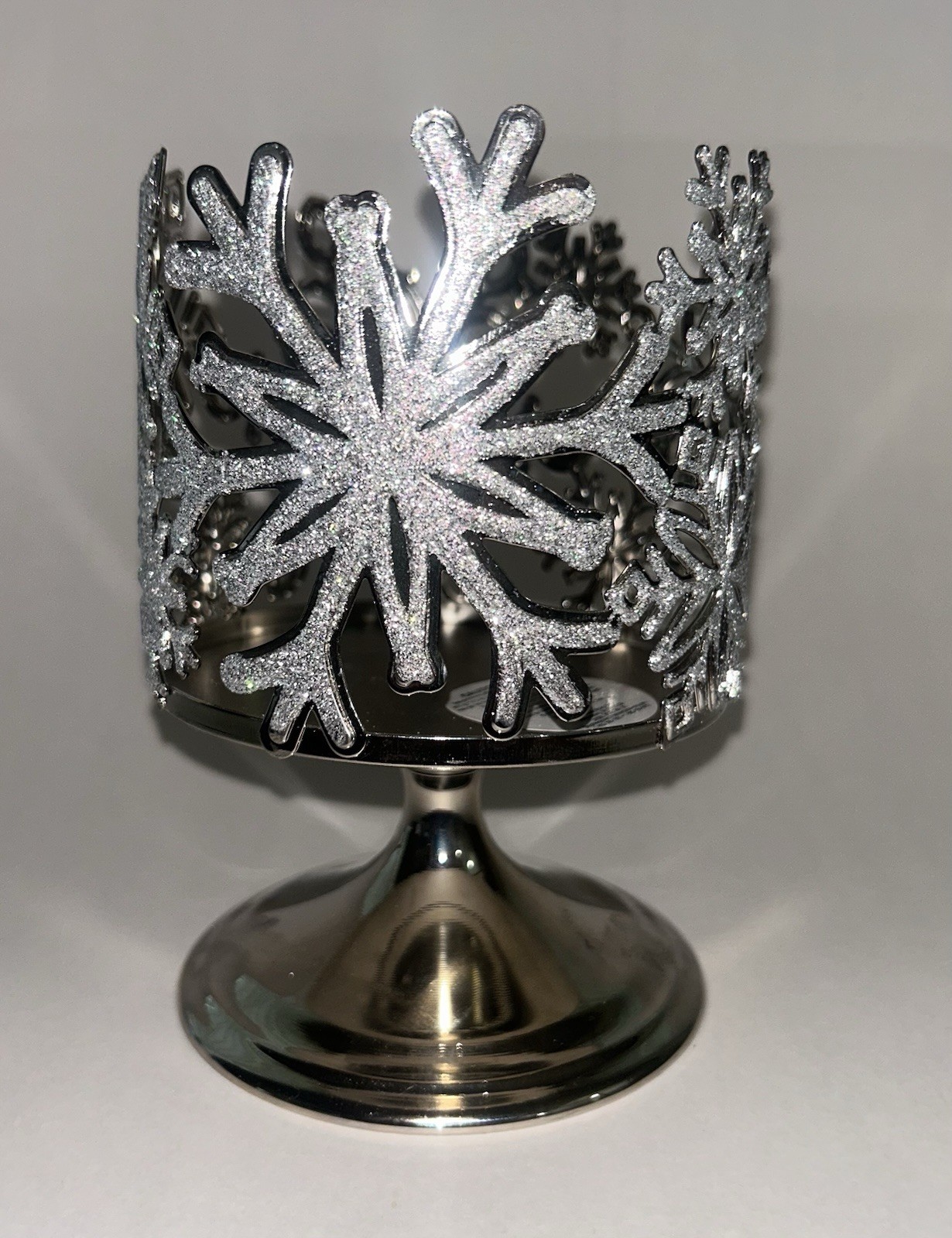 Bath & Body Works Silver Glitter Snowflakes Stars Pedestal 3 Wick Candle Holder gallery