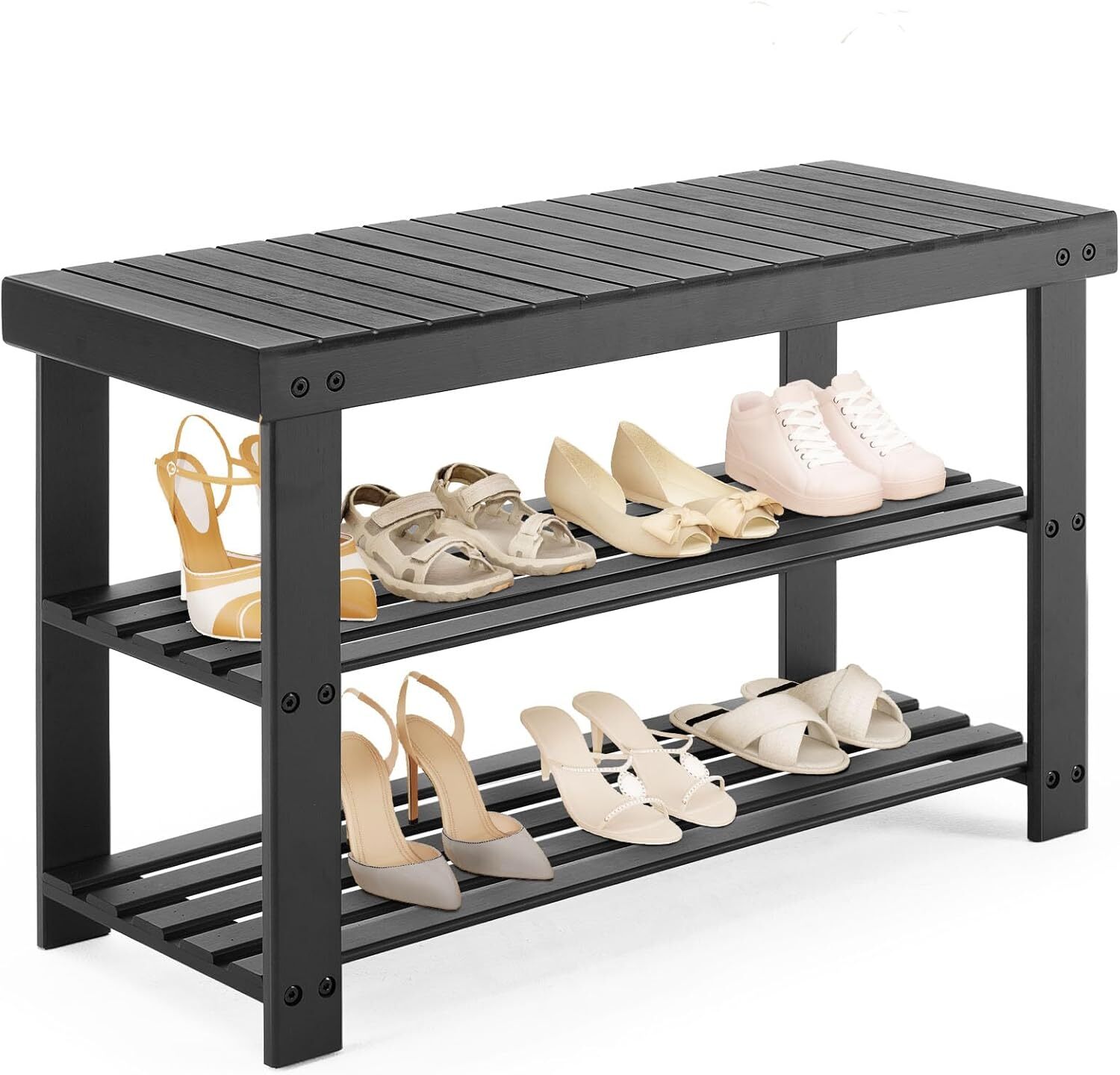 3-Tier Retro Bamboo Shoe Rack Bench Organizer Entryway Bench Seat Storage Shelf gallery