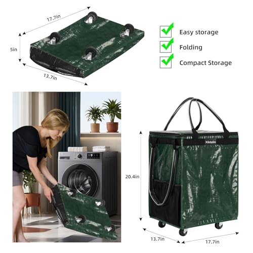 (Medium, Green) Reusable Grocery Bag on 4 Wheels, Foldable Rolling Tote Carri... gallery