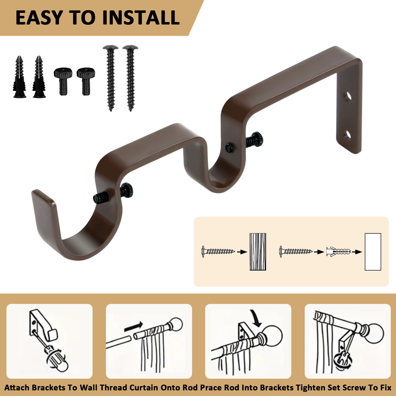 2/3 PCS Double Curtain Rod Brackets – Sturdy Metal Wall Holders for Curtain Rods gallery