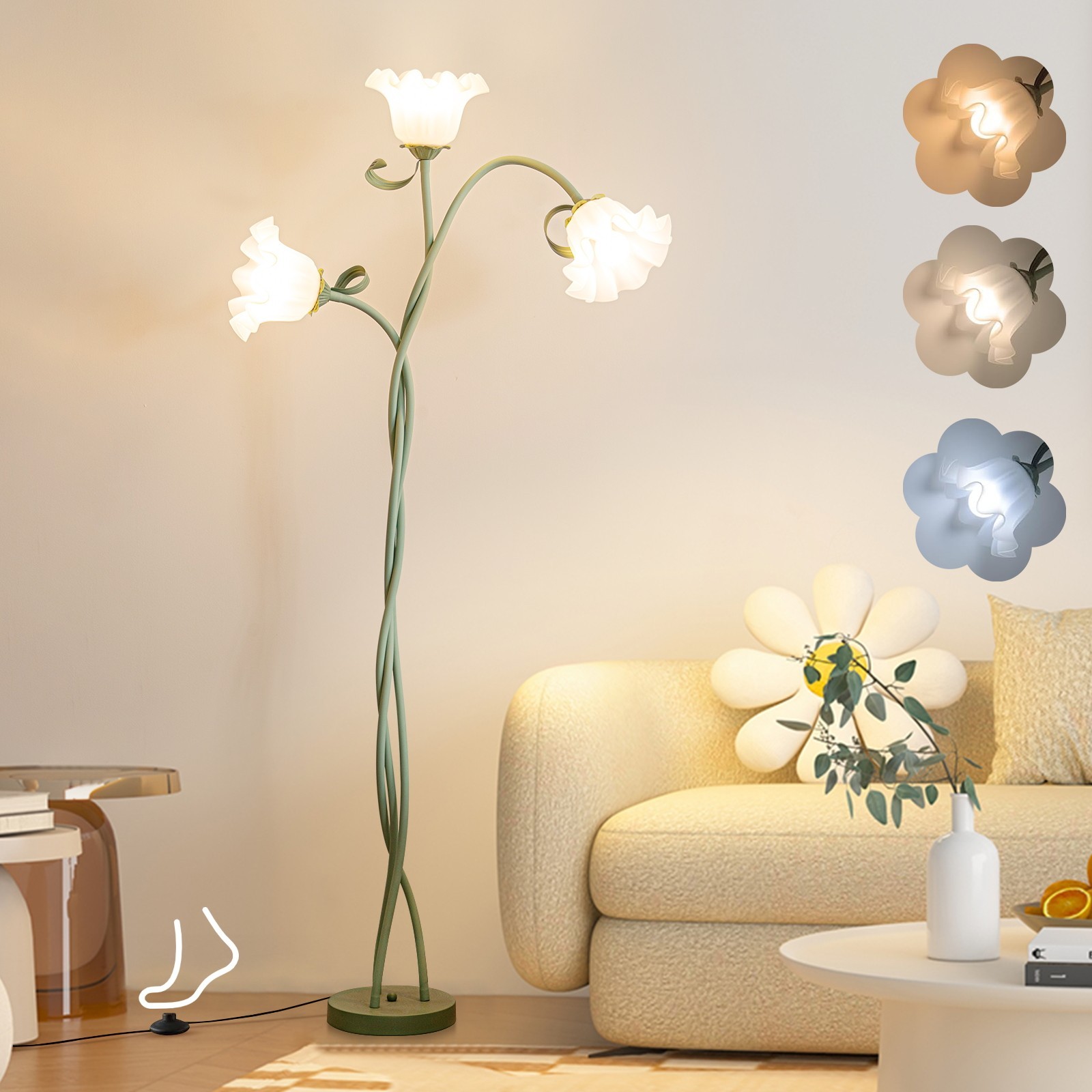 Flower Floor Lamp 3-Color LED w/ Remote, 3-Light Gooseneck Green for Bedroom gallery