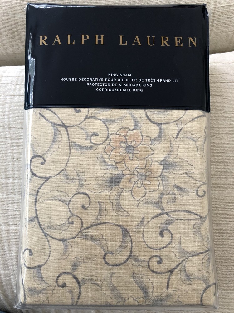 Blue Gray Scroll Beige Linen Like Cotton RALPH LAUREN Madalena Audrey King Sham