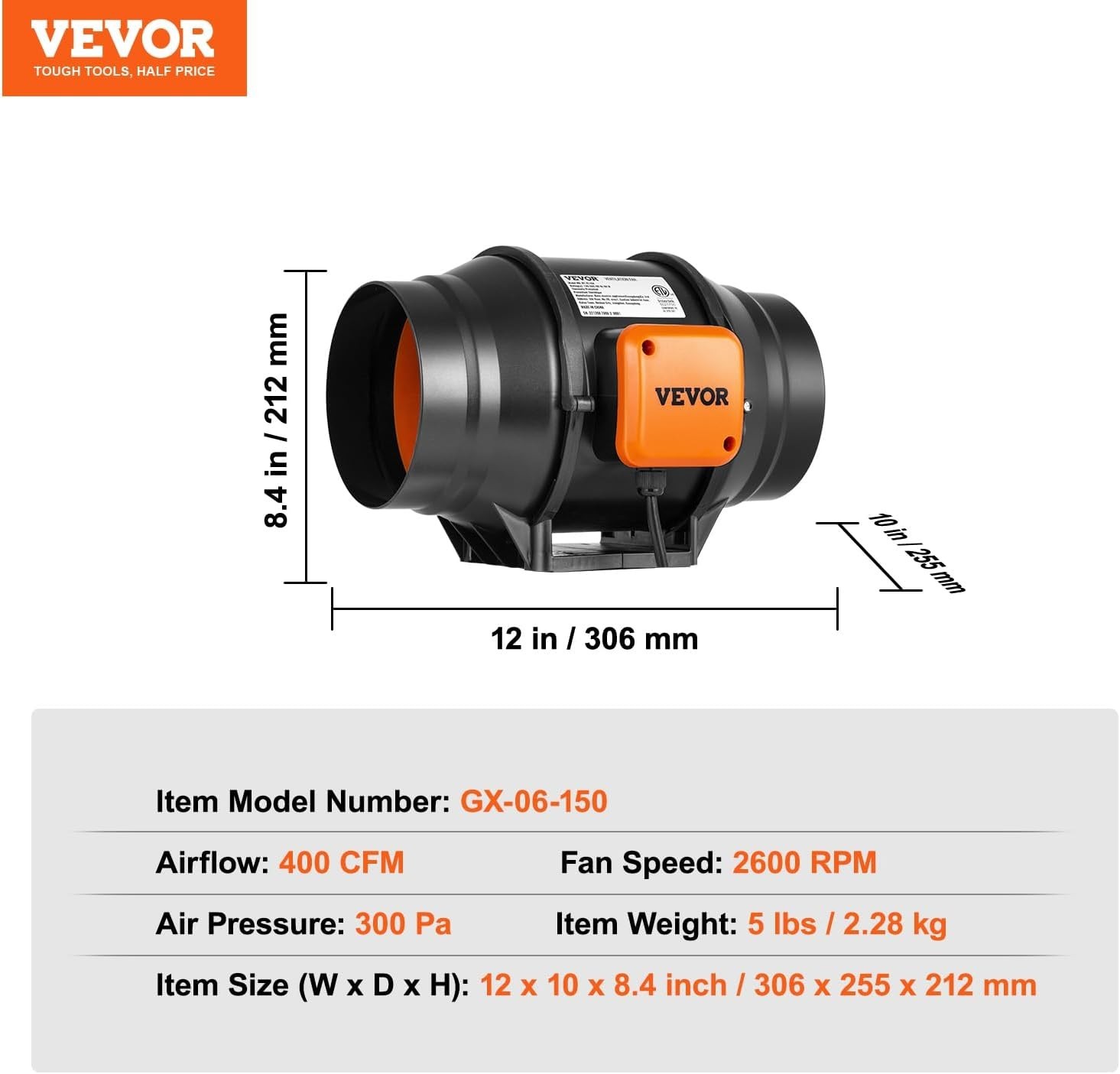 VEVOR Inline Duct Fan, 6-Inch 400 CFM with Variable Speed Controller - Black gallery
