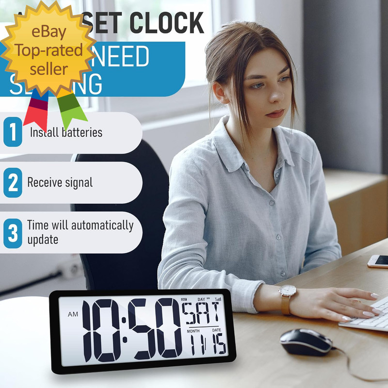Atomic Clock with Backlight, 14.2" Large Digital Wall Clock Battery Operated gallery