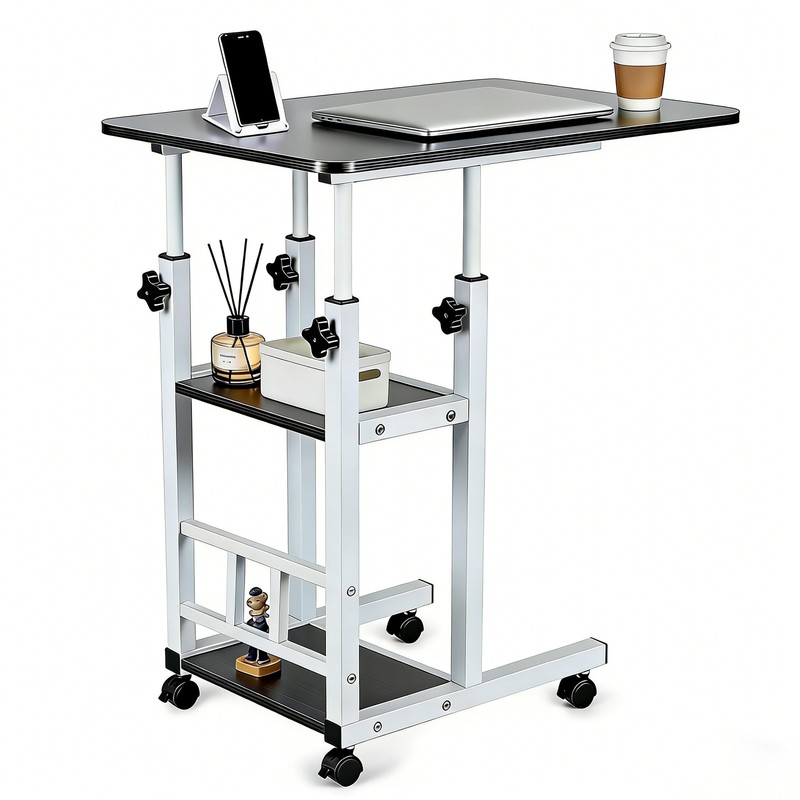 Height Adjustable C Table on Wheels with Storage Shelves Sofa End Table gallery