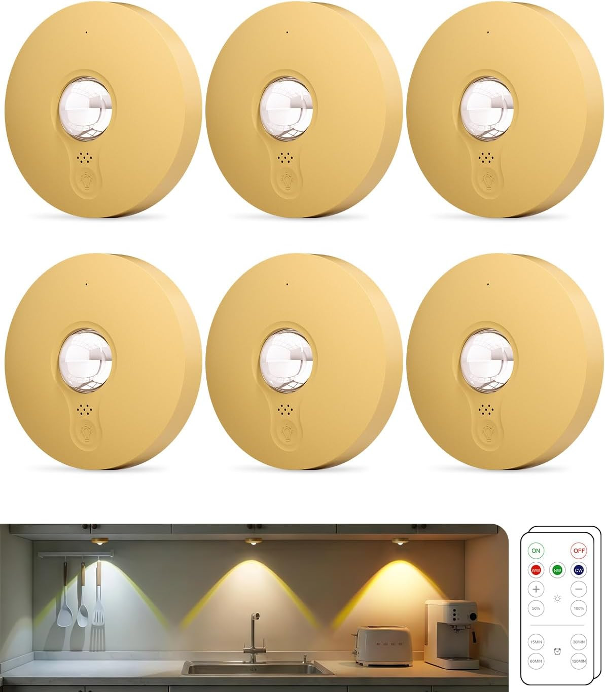 Rechargeable Puck Lights, 6-Pack LED Tap Lights with Remote, 1500mAh Battery, Di gallery