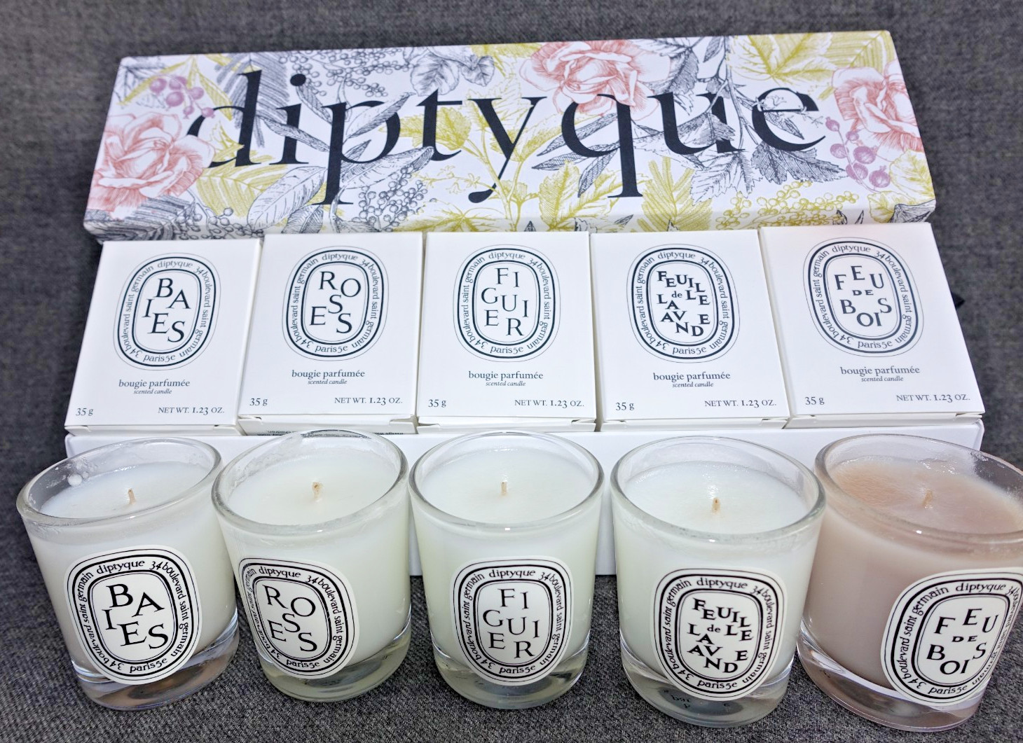 New Diptyque Set 5 Small Scented Candles Lavender Fig Rosa Wood Fire Berries NIB gallery