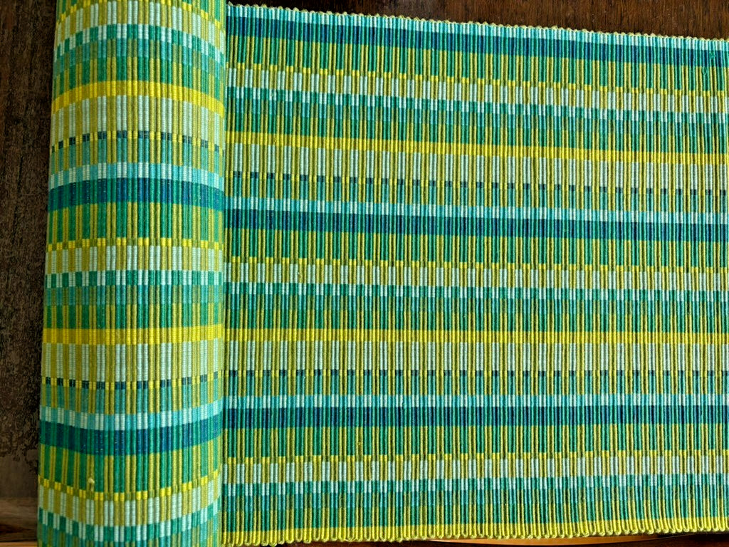 Crate & Barrel Striped Horizon Aqua Blue Green Multi Colored Table Runner 14x90" gallery