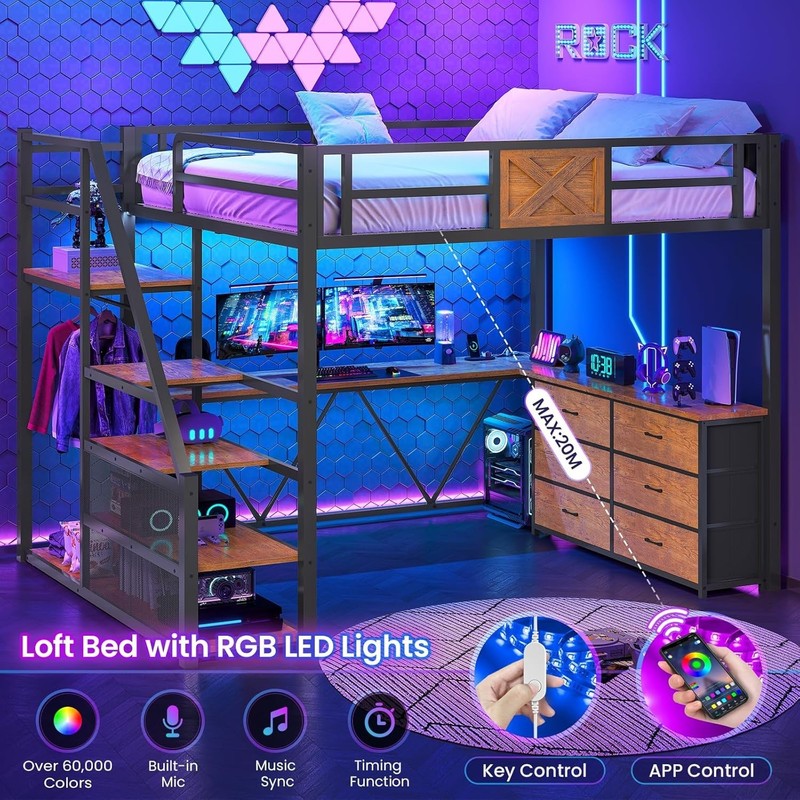 Full Size Loft Bed with Desk &Storage Stairs, Metal Loft Bed w/6 Storage Drawers gallery