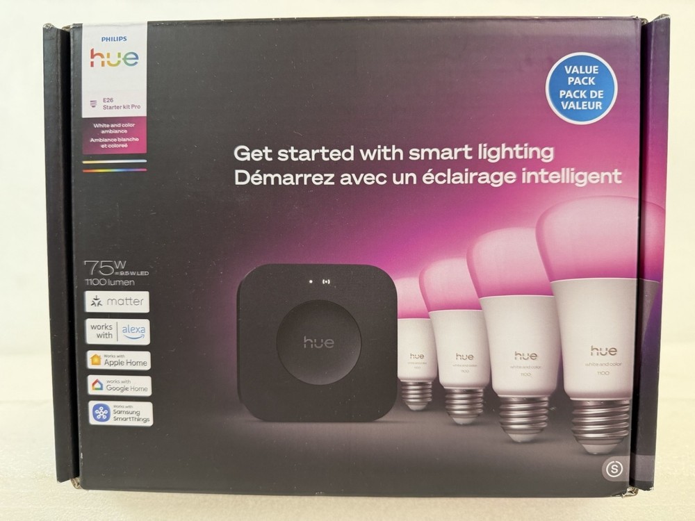 Philips Hue Starter Kit, Bridge Pro with 4x A19 E26 Smart Mulitcolor Bulbs