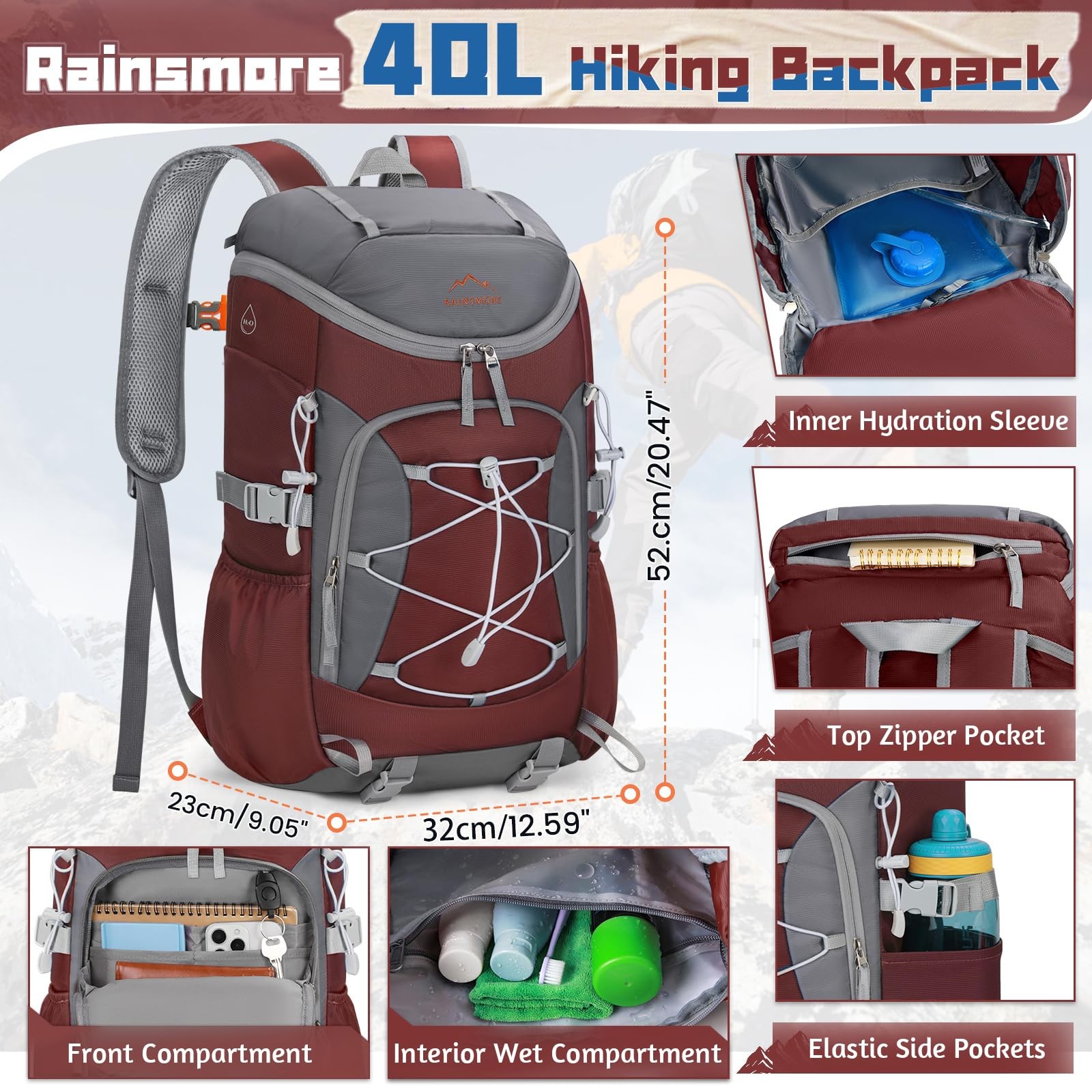 Foldable Hiking Backpack for Men Packable Camping Backpack 40L Waterproof Hik... 4