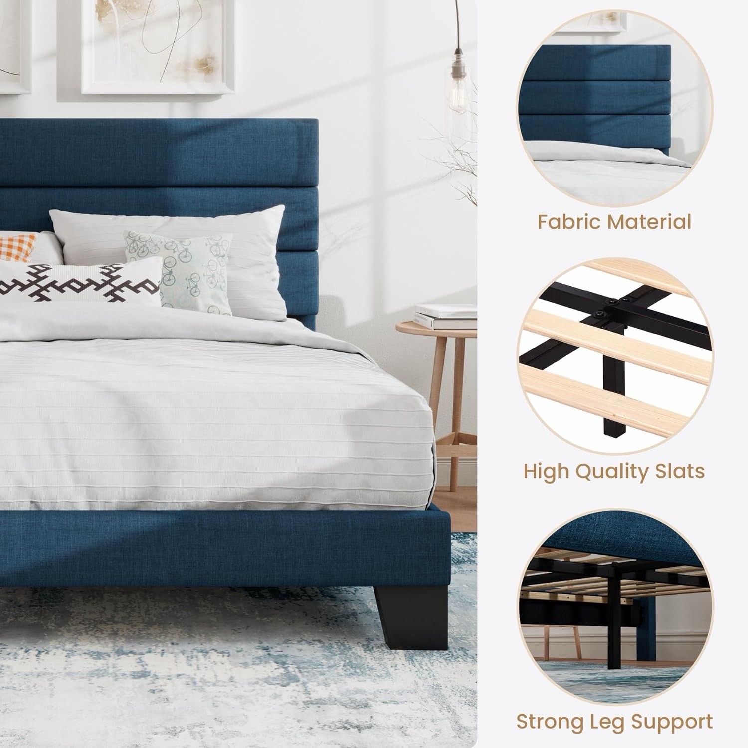 SHA CERLIN King Size Platform Bed Frame BLue- Uphostered Headboard gallery