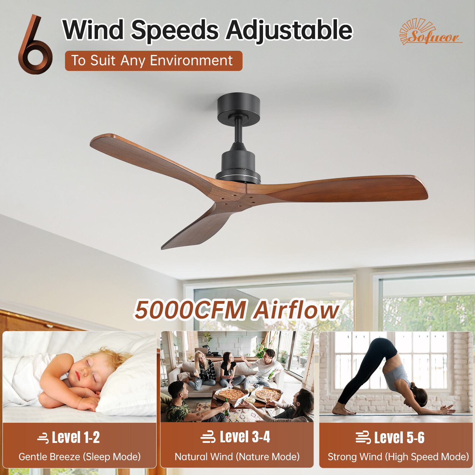 52in Modern Ceiling Fan Solid Wood & Remote 6 Speeds/Reversible Motor In/outdoor gallery