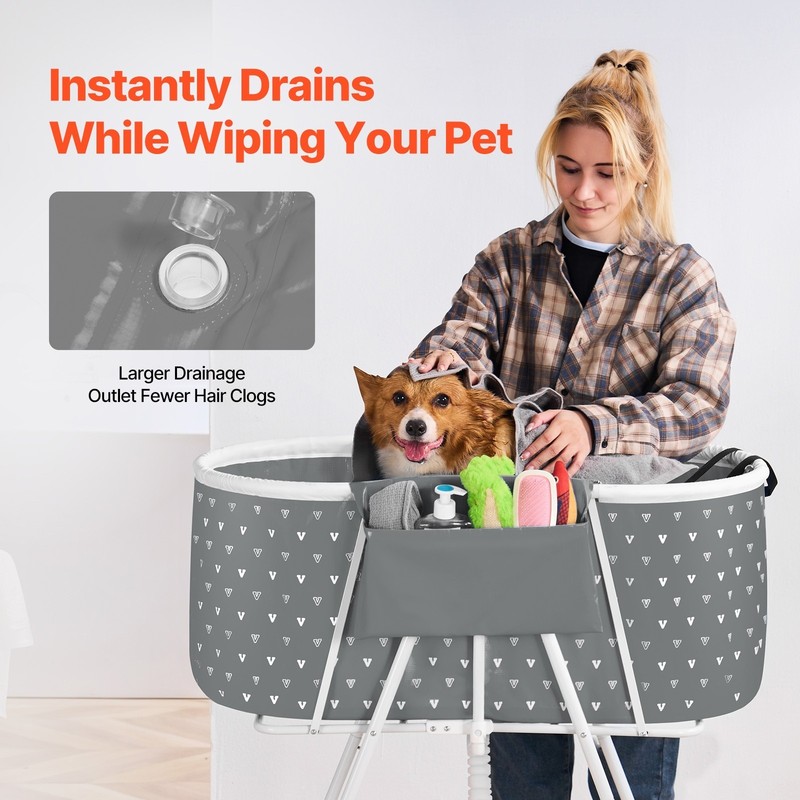 Portable Elevated Dog Bathtub, Foldable Pet Shower Station, Quick Drainage, Grey gallery